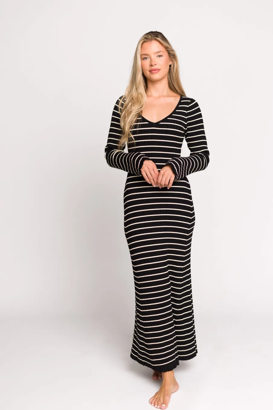 Sale Worth Collective Keaton Knit Maxi Dress with V-Neckline in Black/Cream Stripe