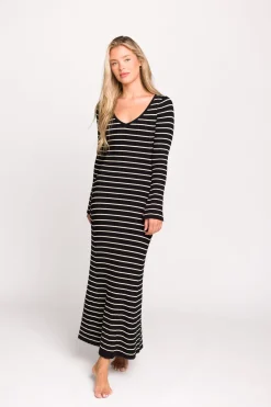 Sale Worth Collective Keaton Knit Maxi Dress with V-Neckline in Black/Cream Stripe