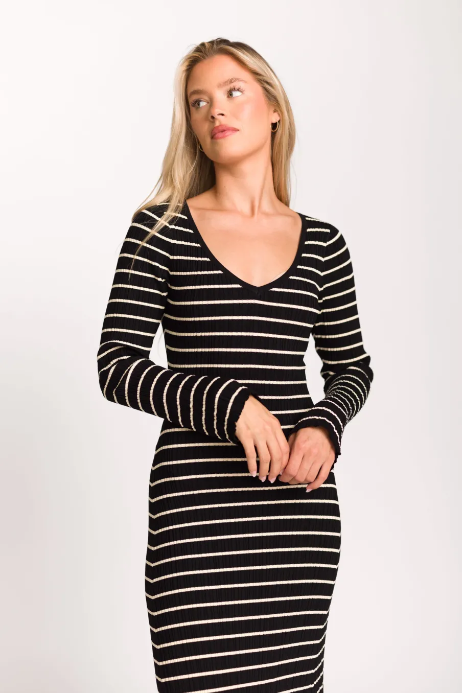 Sale Worth Collective Keaton Knit Maxi Dress with V-Neckline in Black/Cream Stripe