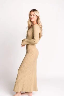 Hot Worth Collective Keaton Knit Maxi Dress with V-Neckline in Beige