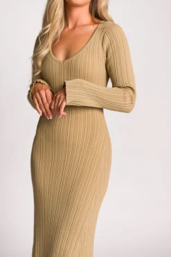 Hot Worth Collective Keaton Knit Maxi Dress with V-Neckline in Beige