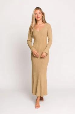 Hot Worth Collective Keaton Knit Maxi Dress with V-Neckline in Beige