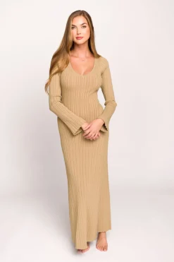 Hot Worth Collective Keaton Knit Maxi Dress with V-Neckline in Beige