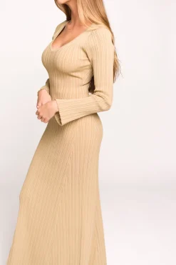 Hot Worth Collective Keaton Knit Maxi Dress with V-Neckline in Beige