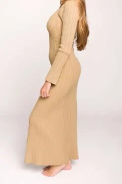 Hot Worth Collective Keaton Knit Maxi Dress with V-Neckline in Beige
