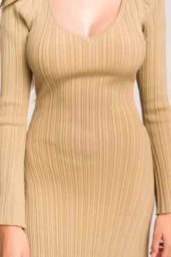 Hot Worth Collective Keaton Knit Maxi Dress with V-Neckline in Beige