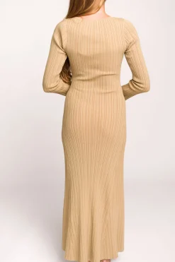 Hot Worth Collective Keaton Knit Maxi Dress with V-Neckline in Beige