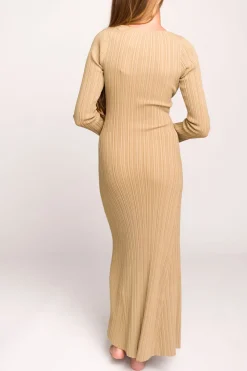 Hot Worth Collective Keaton Knit Maxi Dress with V-Neckline in Beige