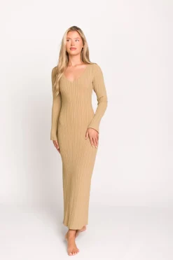 Hot Worth Collective Keaton Knit Maxi Dress with V-Neckline in Beige