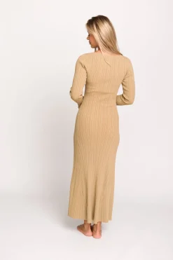 Hot Worth Collective Keaton Knit Maxi Dress with V-Neckline in Beige