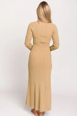 Hot Worth Collective Keaton Knit Maxi Dress with V-Neckline in Beige