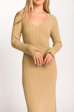 Hot Worth Collective Keaton Knit Maxi Dress with V-Neckline in Beige