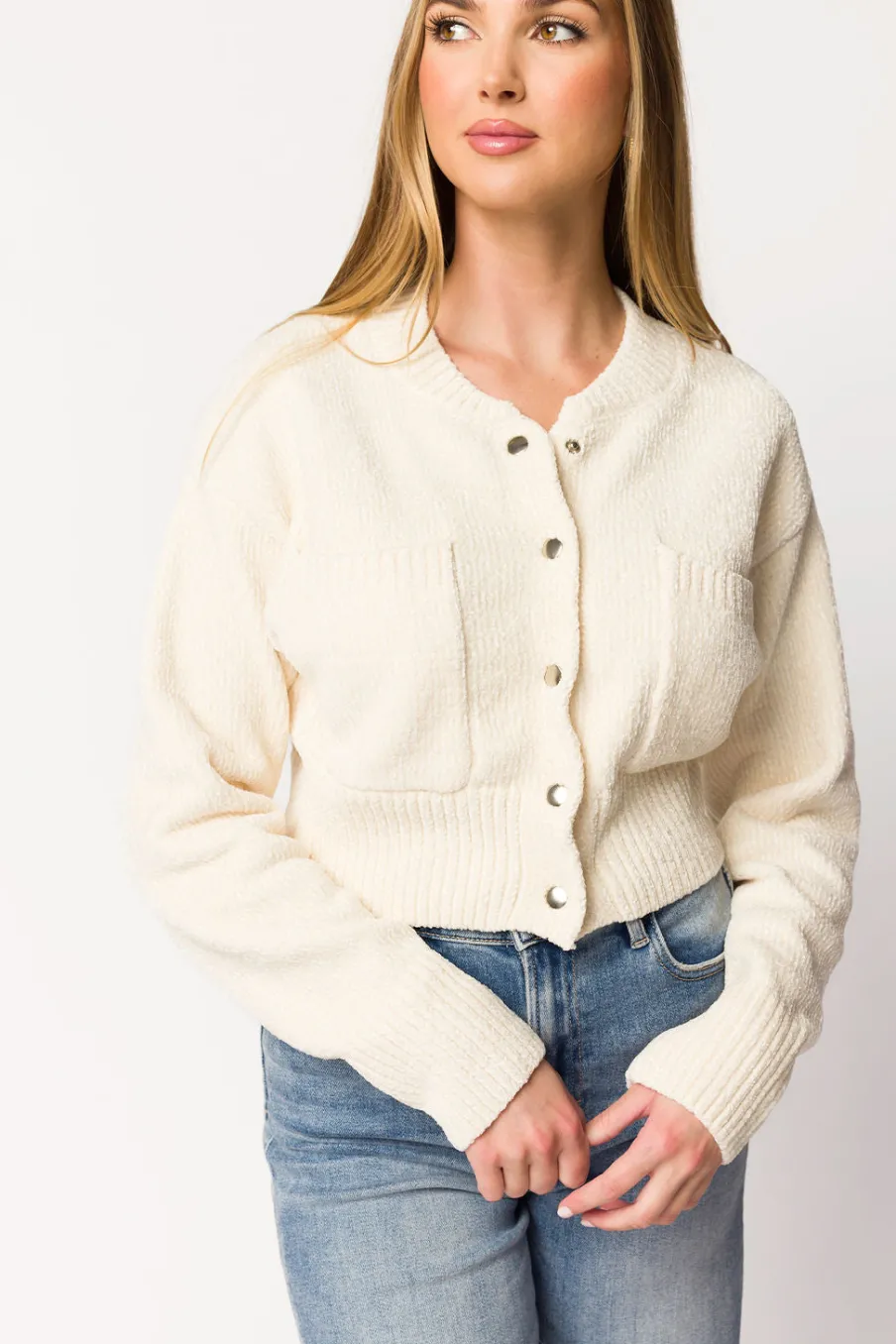 Online Worth Collective Kendall Knit Bomber Jacket in Ivory