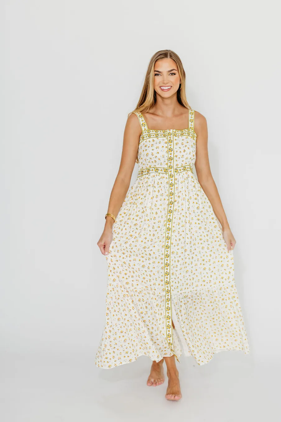 Fashion Worth Collective Kenna Cotton Floral Embroidered Maxi In Daffodil