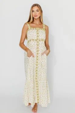 Fashion Worth Collective Kenna Cotton Floral Embroidered Maxi In Daffodil