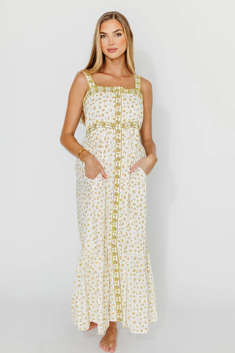 Fashion Worth Collective Kenna Cotton Floral Embroidered Maxi In Daffodil