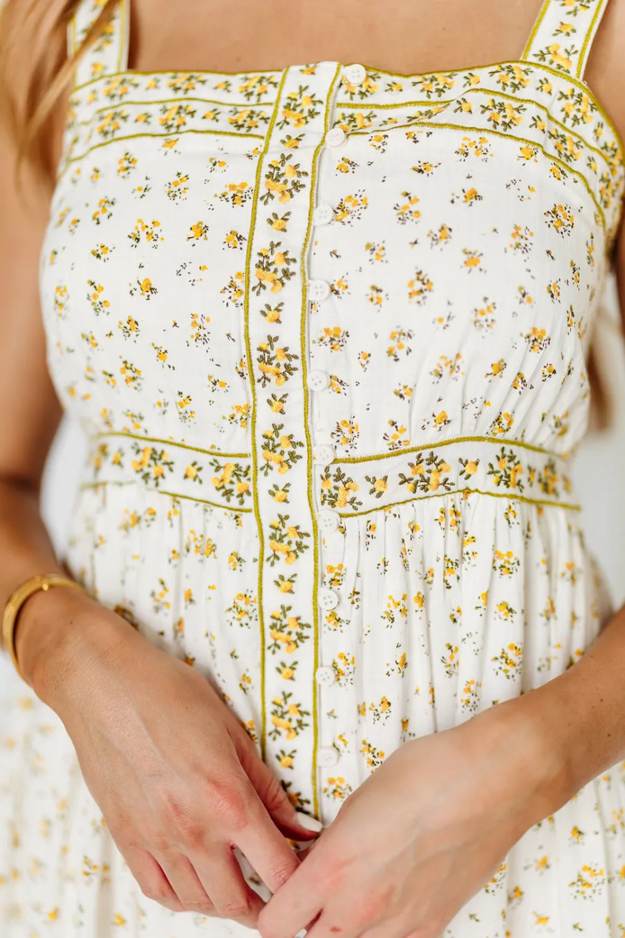 Fashion Worth Collective Kenna Cotton Floral Embroidered Maxi In Daffodil