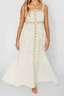 Fashion Worth Collective Kenna Cotton Floral Embroidered Maxi In Daffodil