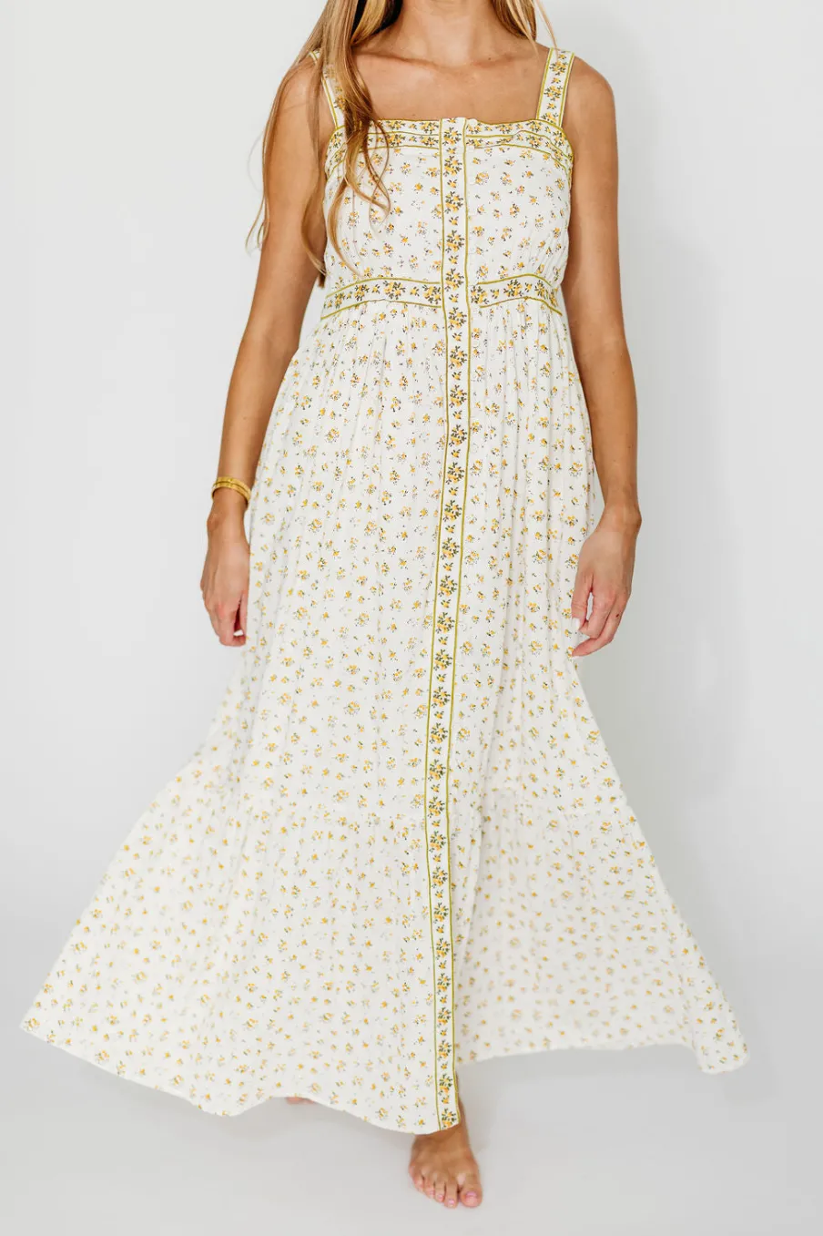 Fashion Worth Collective Kenna Cotton Floral Embroidered Maxi In Daffodil