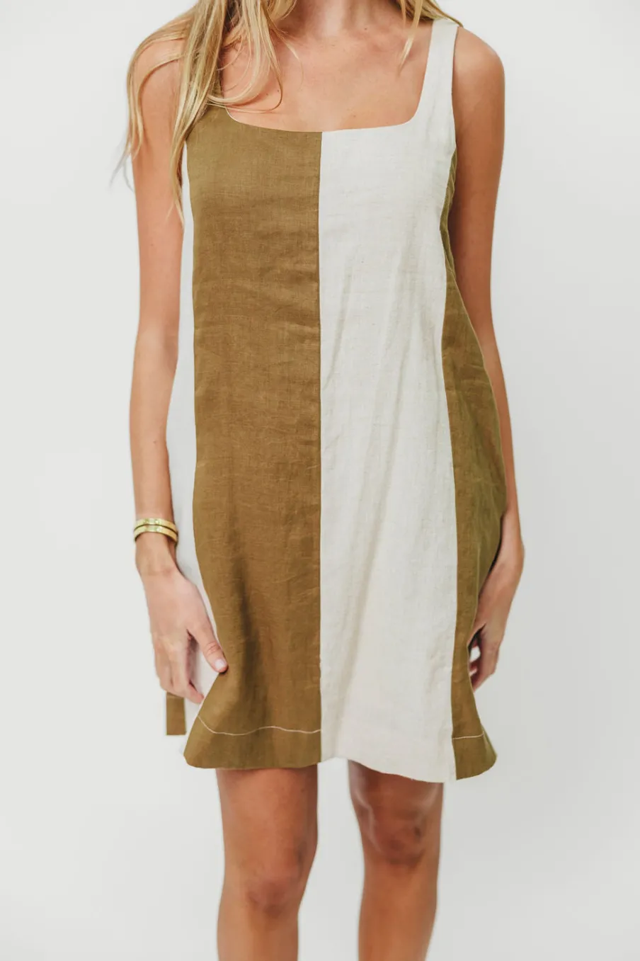 Sale Worth Collective Kenya 100% Linen Color Block Mini Dress in Olive/Oatmeal