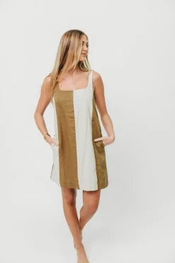 Sale Worth Collective Kenya 100% Linen Color Block Mini Dress in Olive/Oatmeal