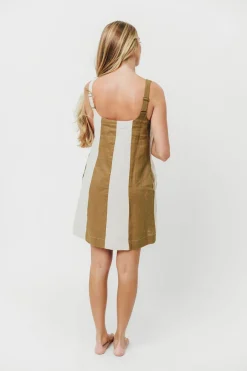 Sale Worth Collective Kenya 100% Linen Color Block Mini Dress in Olive/Oatmeal