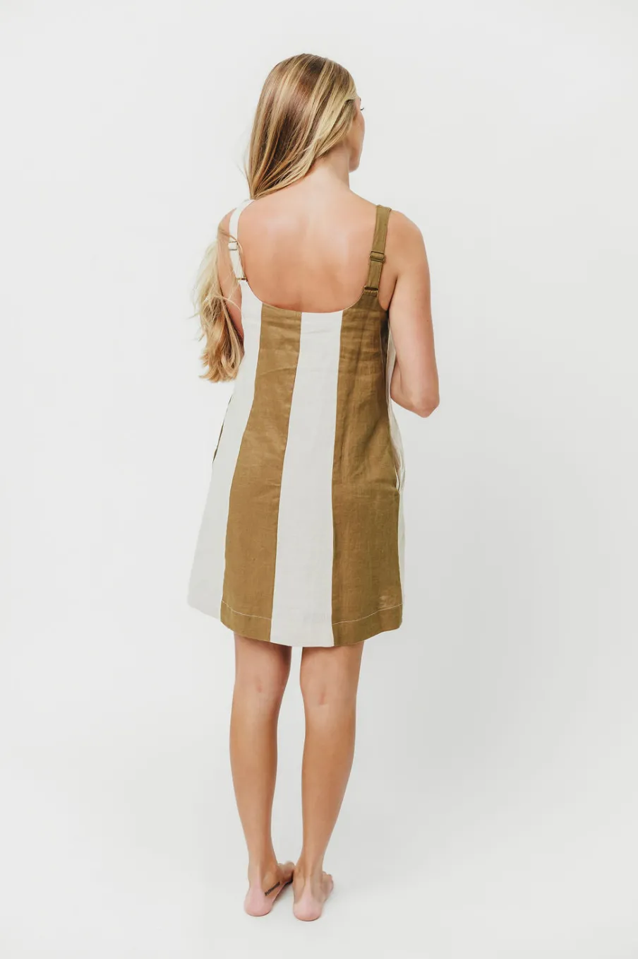 Sale Worth Collective Kenya 100% Linen Color Block Mini Dress in Olive/Oatmeal