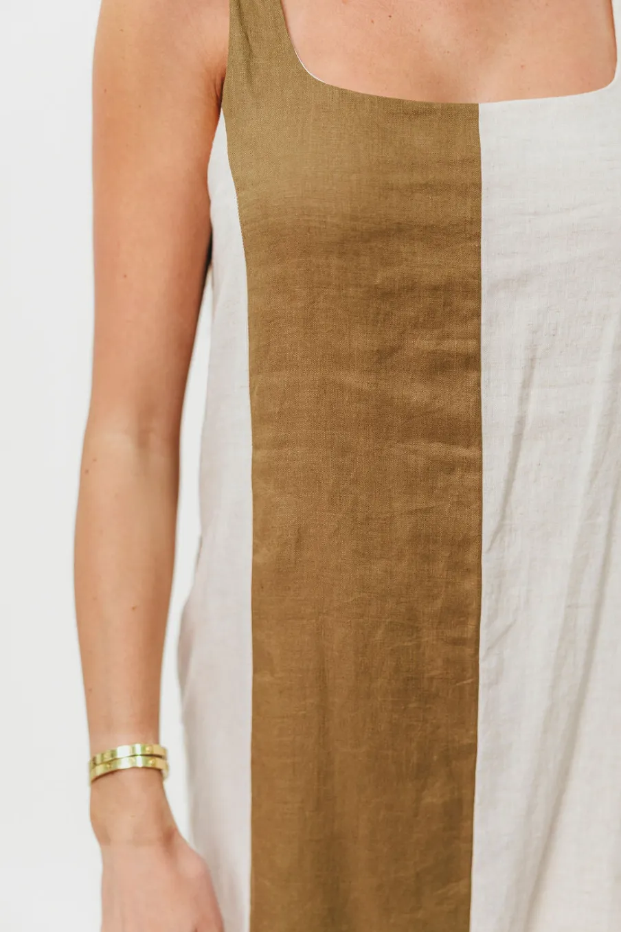 Sale Worth Collective Kenya 100% Linen Color Block Mini Dress in Olive/Oatmeal