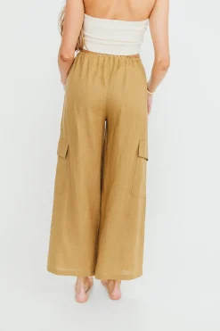 Clearance Worth Collective Kimora 100% Linen Pants in Brown Olive