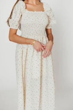 Hot Worth Collective Kinsley Ditsy Floral Smocked Midi Dress in Pink