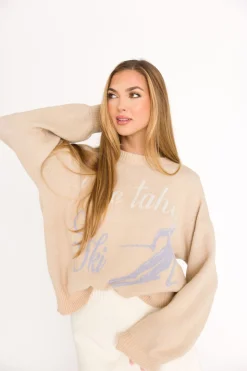 Best Worth Collective Lake Tahoe Ski Graphic Oversized Sweater in Beige