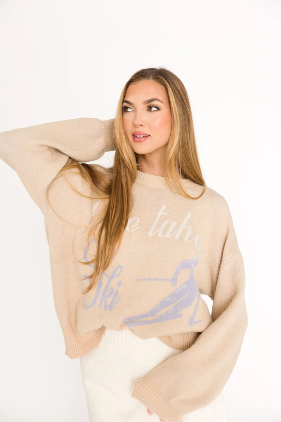Best Worth Collective Lake Tahoe Ski Graphic Oversized Sweater in Beige