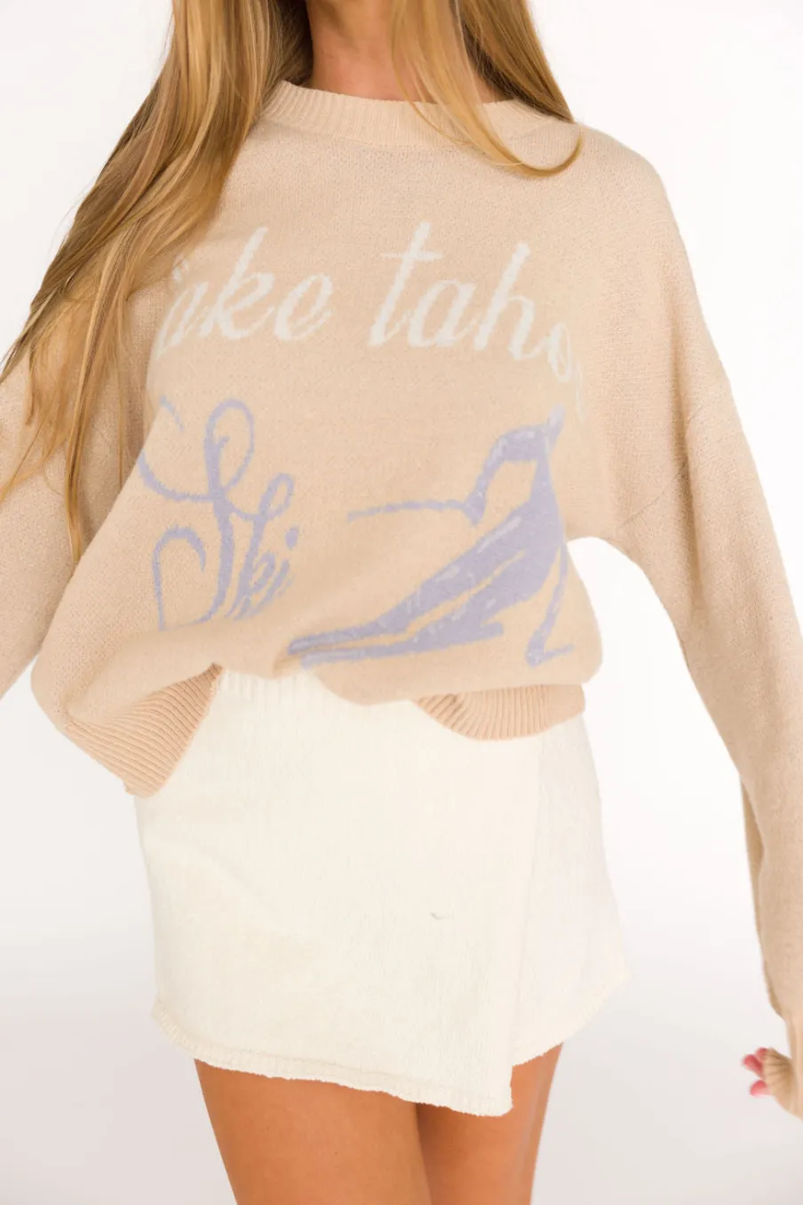 Best Worth Collective Lake Tahoe Ski Graphic Oversized Sweater in Beige