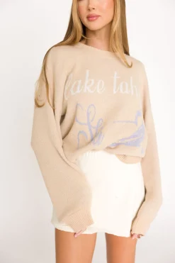 Best Worth Collective Lake Tahoe Ski Graphic Oversized Sweater in Beige