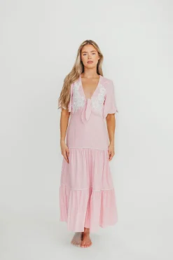 Online Worth Collective Lena Embroidered Tiered Midi Dress in Soft Pink