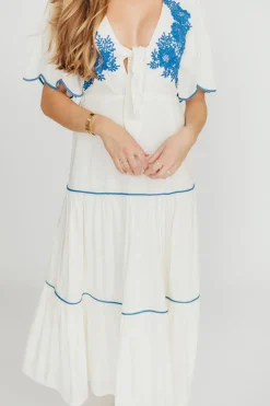 Hot Worth Collective Lena Embroidered Tiered Midi Dress in Off-White/Blue