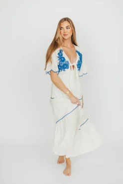 Hot Worth Collective Lena Embroidered Tiered Midi Dress in Off-White/Blue