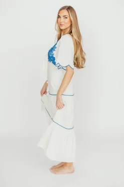 Hot Worth Collective Lena Embroidered Tiered Midi Dress in Off-White/Blue