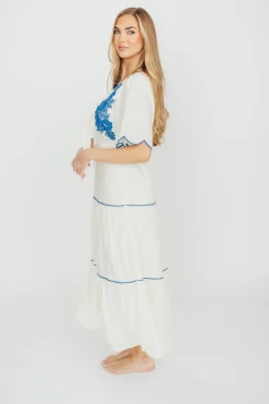 Hot Worth Collective Lena Embroidered Tiered Midi Dress in Off-White/Blue