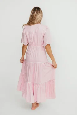 Online Worth Collective Lena Embroidered Tiered Midi Dress in Soft Pink