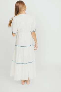 Hot Worth Collective Lena Embroidered Tiered Midi Dress in Off-White/Blue