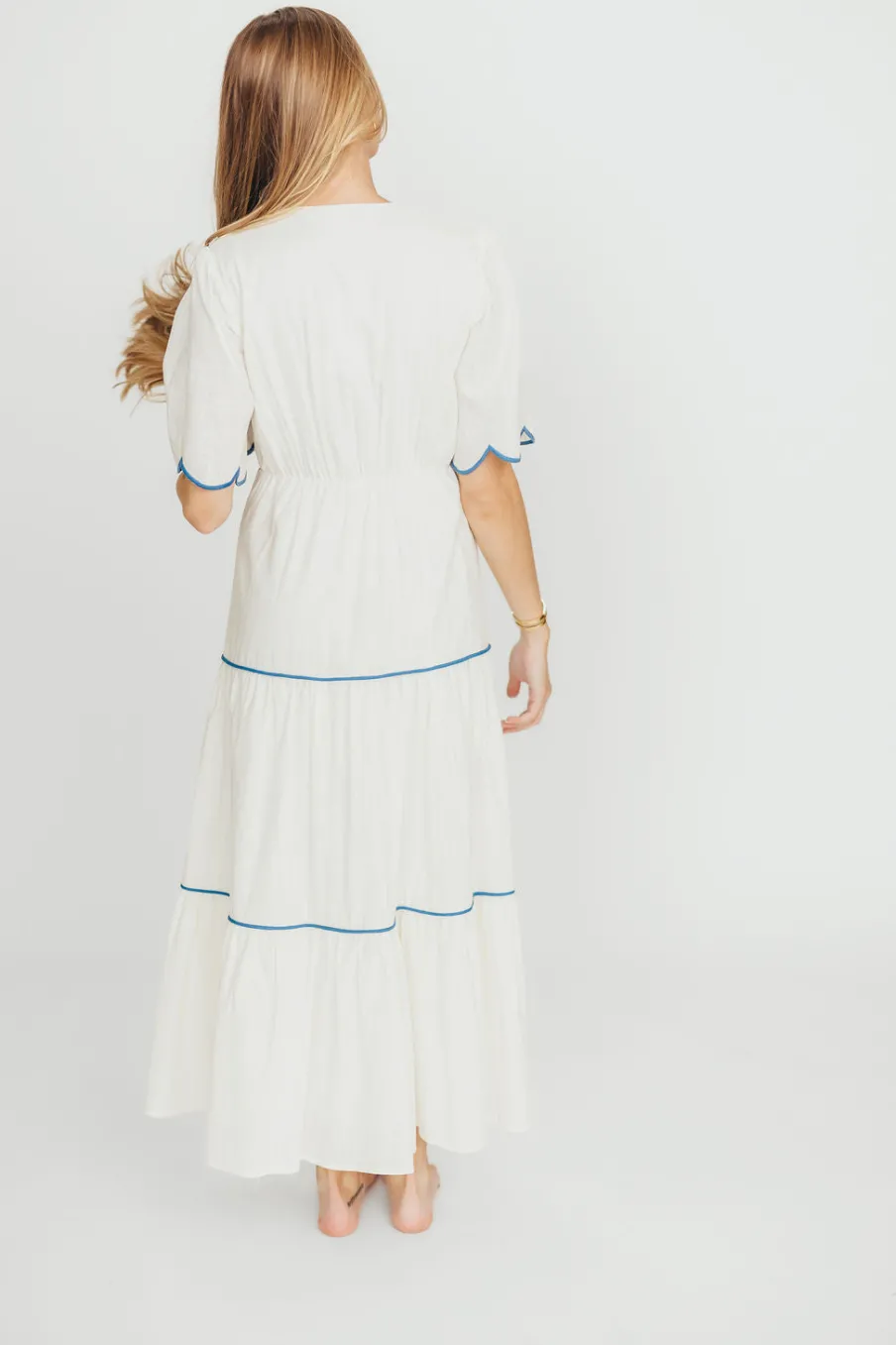 Hot Worth Collective Lena Embroidered Tiered Midi Dress in Off-White/Blue