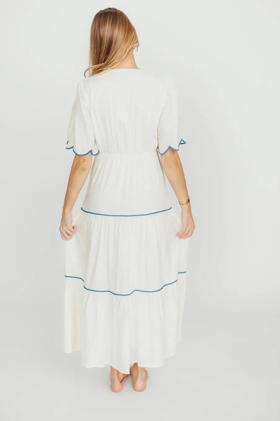 Hot Worth Collective Lena Embroidered Tiered Midi Dress in Off-White/Blue