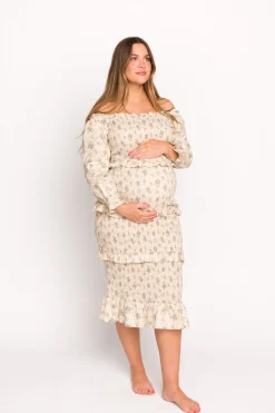Clearance Worth Collective Lila Floral Printed Smocked Midi Dress in Blue - Bump Friendly