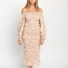 Fashion Worth Collective Lila Floral Printed Smocked Midi Dress in Pink - Bump Friendly