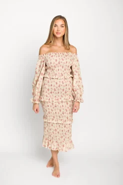 Fashion Worth Collective Lila Floral Printed Smocked Midi Dress in Pink - Bump Friendly