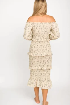 Clearance Worth Collective Lila Floral Printed Smocked Midi Dress in Blue - Bump Friendly