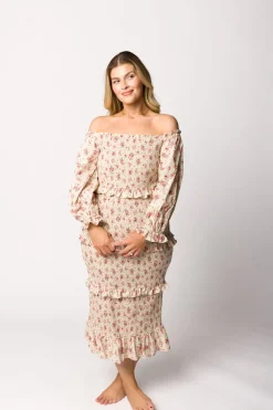 Fashion Worth Collective Lila Floral Printed Smocked Midi Dress in Pink - Bump Friendly