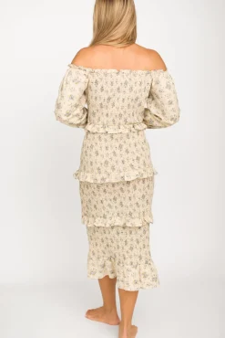 Clearance Worth Collective Lila Floral Printed Smocked Midi Dress in Blue - Bump Friendly