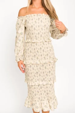 Clearance Worth Collective Lila Floral Printed Smocked Midi Dress in Blue - Bump Friendly